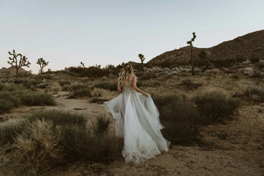 A bride seen from behind walking through desert brush in a flowing gown