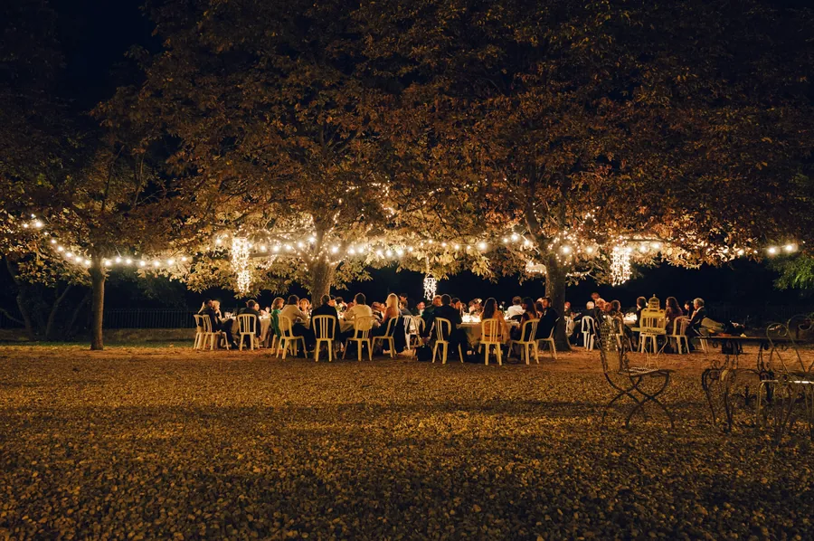 Guests at a long outdoor dinner beneath old trees strung with warm bistro lights at night